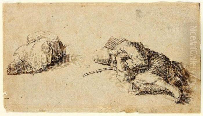 Two Beggars Sleeping Oil Painting by Remigio Cantagallina