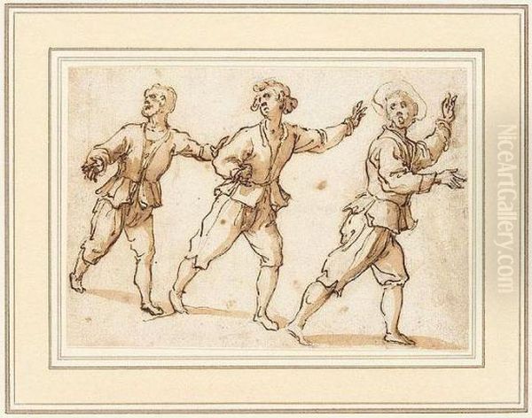 Three Running Figures Oil Painting by Remigio Cantagallina