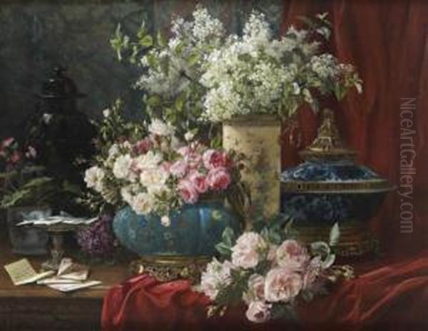 Bouquet De Fleurs Dans Des Vases
 De Style Chinois Sur Une Table Recouverte D'un Drape Bordeaux Oil Painting by Jean Capeinick
