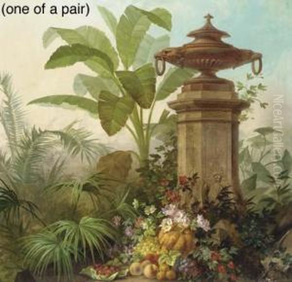 Assorted Flowers With Grapes, 
Strawberries, Peaches And A Pumpkin In A Tropical Garden; Tropical 
Plants And Flowers Before A Balustrade Oil Painting by Jean Capeinick