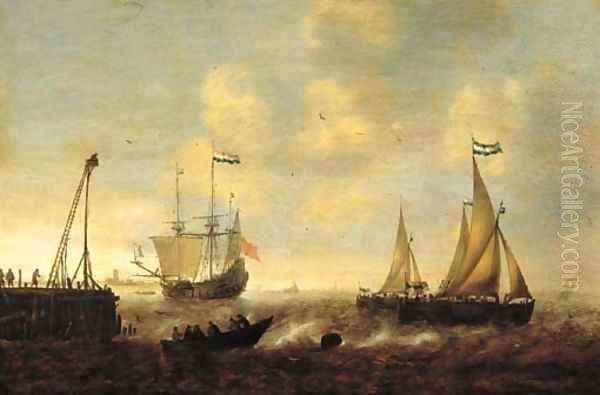 Smallships, a threemaster and a pink on a river by a jetty in a stiff breeze, a town in the distance Oil Painting by Jacob Adriaensz. Bellevois