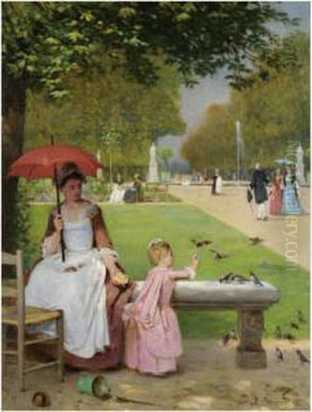 Feeding The Birds, Jardin Des Tuileries Oil Painting by Joseph Caraud