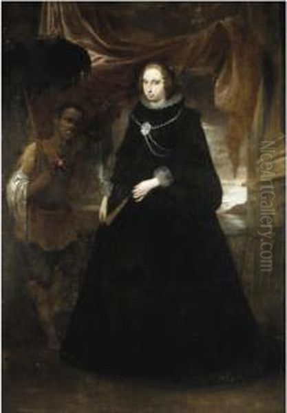 Portrait Of A Lady, Full Length,
 Holding A Fan, With Her Moorishattendant Holding A Parasole Oil Painting by Giovanni Bernardo Carbone