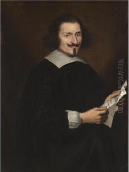 Portrait Of A Gentleman, Half 
Length, Said To Be Traiano Buoninsegni, Wearing Black And Holding A 
Letter Oil Painting by Giovanni Bernardo Carbone