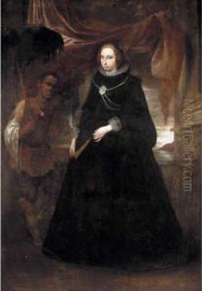 Portrait Of A Lady, Full Length,
 Holding A Fan, With Her Moorish Attendant Holding A Parasole Oil Painting by Giovanni Bernardo Carbone