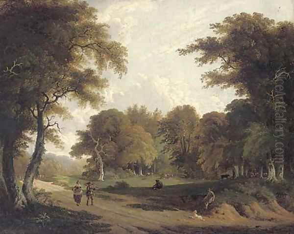 Faggot gatherers walking along a woodland track, with cows grazing beyond Oil Painting by George Barret