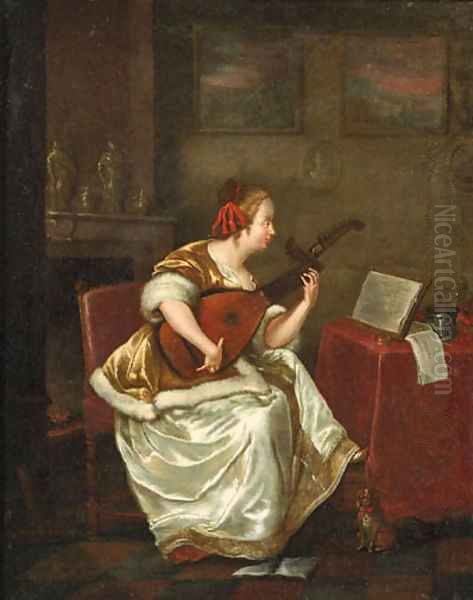 A woman, seated by a table in an interior, playing the lute Oil Painting by Gerard Ter Borch