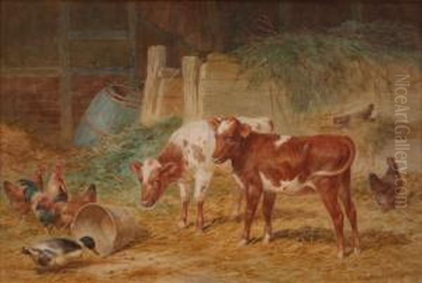 View Of A Farmyard With Two 
Calves Standing Beside Hens And A Duck Feeding From An Upturned Bucket Oil Painting by Claude Cardon
