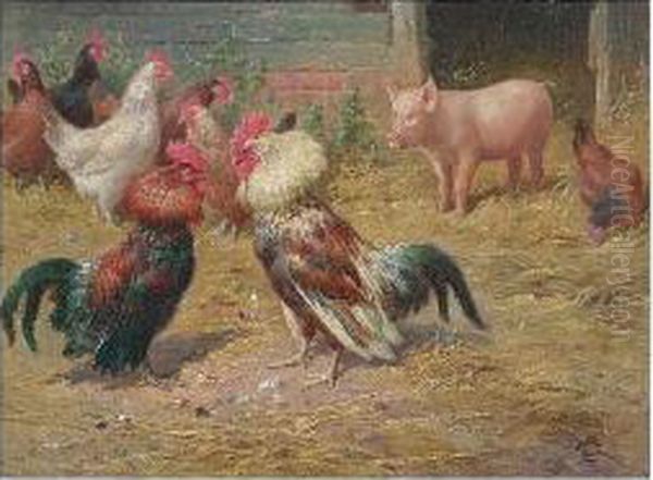 A Farmyard Encounter Oil Painting by Claude Cardon