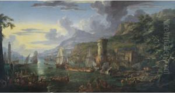 A Mediterranean Port At Sunset 
With Moored Battleships, Figures Unloading Their Wares From Various 
Boats And Bathers On A Bank Oil Painting by Luca Carlevarijs
