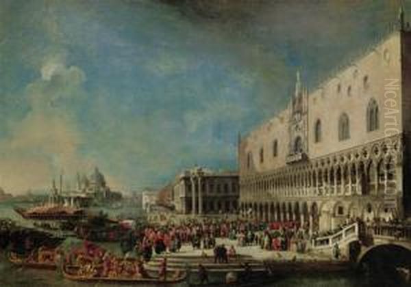 The Grand Canal, Venice, With 
The Reception Of The French Ambassador Into The Ducal Palace Oil Painting by Luca Carlevarijs