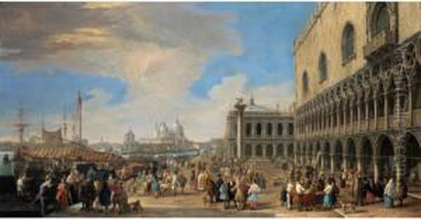 Venice, A View Of The Molo With 
The Doge's Palace Looking West Towards The Zecca And The Church Of Santa
 Maria Della Salute In The Distance Oil Painting by Luca Carlevarijs