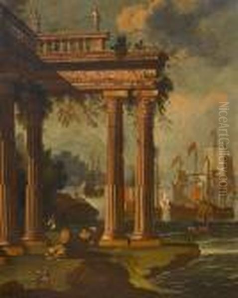 A Mediterranean Coastal Inlet 
With Ruins On The Shore, Shipping At Anchor Beyond; And A Mediterranean 
Harbour With Figures On The Quayside Oil Painting by Alberto Carlieri