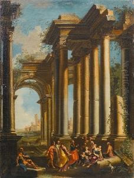 A Capriccio Of Ruins With A 
Philosopher Preaching To A Crowd Beneath A Ruined Temple; And A 
Philosopher Preaching At The Foot Of A Triumphal Arch Oil Painting by Alberto Carlieri