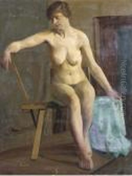 Seated Female Nude In A Studio; 
Standing Male Nude; Seated Male Nude; Fantasy; Tree Study; And Figures 
In A Landscape Oil Painting by Hilda Carline