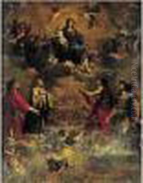 La Vierge En Gloire Avec Saint 
Georges, Saint Jean-baptiste, Saint Bernard Et Saint Laurent Oil Painting by Giovanni Battista Carlone