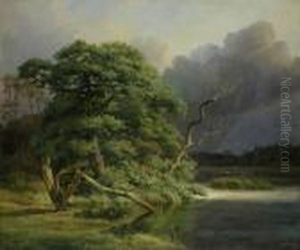 Alte Eichen An Einem Oil Painting by Johann-Hermann Carmiencke