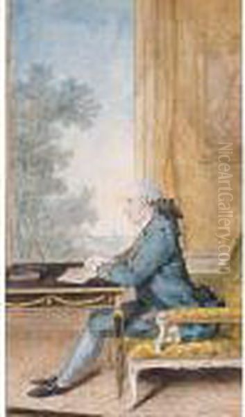 A Seated Gentleman In Profile To
 The Left Writing A Letter At A Desk In Front Of An Open Window Oil Painting by Louis Carrogis Carmontelle