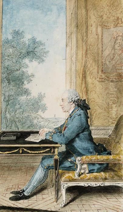 A Seated Gentleman In Profile To
 The Left Writing A Letter At Adesk In Front Of An Open Window Oil Painting by Louis Carrogis Carmontelle