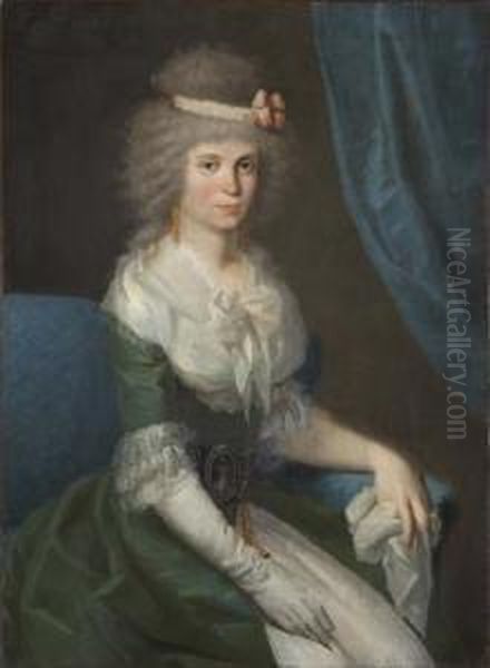 Retrato Sedente De Una Dama De 
Tres Cuartos Con Un Traje Verde Con Encajes En Cuello Y Mangas Oil Painting by Antonio Carnicero Y Mancio