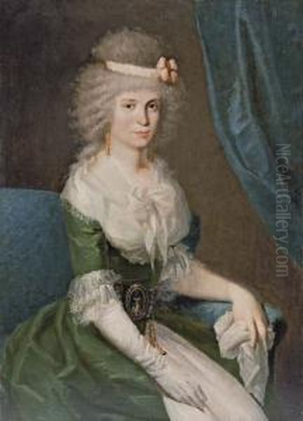 Portrait Of A Lady, 
Three-quarter-length, Seated, In A Green Dress With White Lace Sleeves 
And Collar Oil Painting by Antonio Carnicero Y Mancio