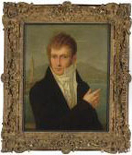 Portrait Of A Gentleman In Front Of A Lighthouse Oil Painting by Antonio Carnicero Y Mancio