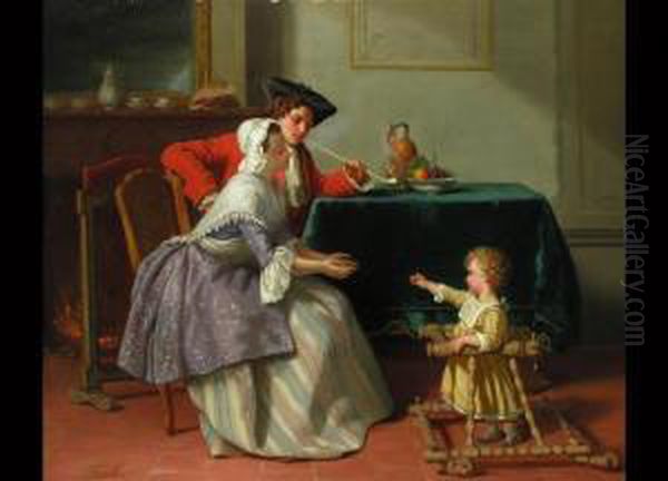 Die Ersten Schritte
 Junges, Elegantes Paar Am Tisch Mit Samtdecke, Weinkrug Und Fruchtschale. Im Kamin Brennt Das Feuer.
 Ol Auf Holz Oil Painting by Jean Carolus