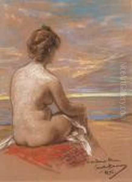 Une Femme Nue Assise Vue De Dos Regardant La Mer Oil Painting by Carolus Duran Charles Emile