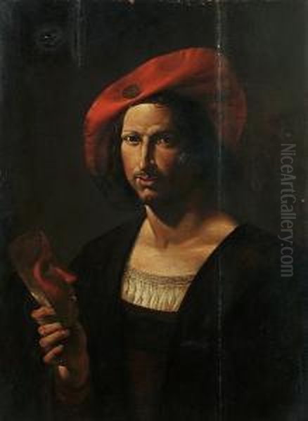 Portrait Of A Gentleman In A Wide-brimmed Red Hat Holding A Mask Oil Painting by Angelo Caroselli