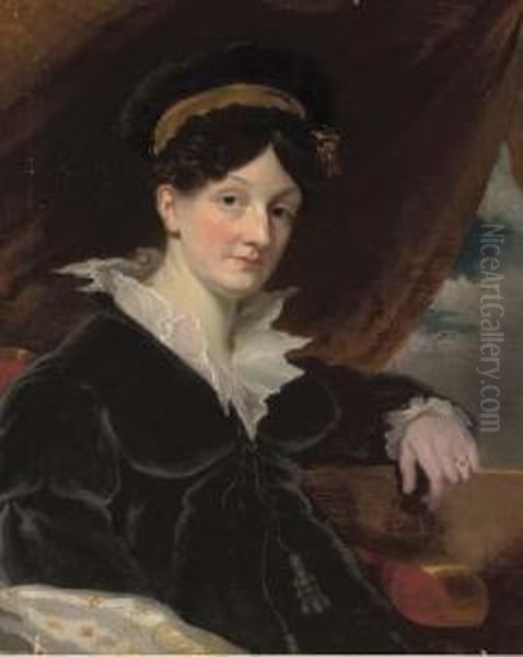 Portrait Of A Lady, Seated 
Half-length, In A Blue Dress, Her Leftarm Resting On A Ledge, Before A 
Curtain Oil Painting by Margaret Sarah Carpenter