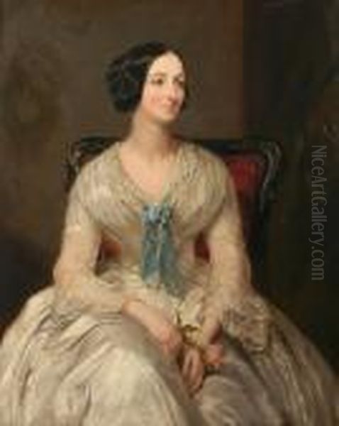 A Portrait Of Mrs Simpson As A 
Young Woman, Seated Three-quarter Length In White Gown And Holding A 
Rose Oil Painting by Margaret Sarah Carpenter