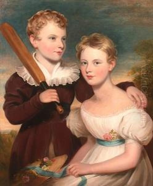 *ortrait, Half Length Of A Young
 Boy Holding A Cricket Bat And A Seated Young Lady In A Landscape Oil Painting by Margaret Sarah Carpenter