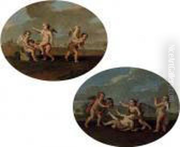 Putti Playing Piggy-back-ride In
 A Landscape; And Putti Playing With A Mask And Playing The Trumpet Oil Painting by Giulio Carpione