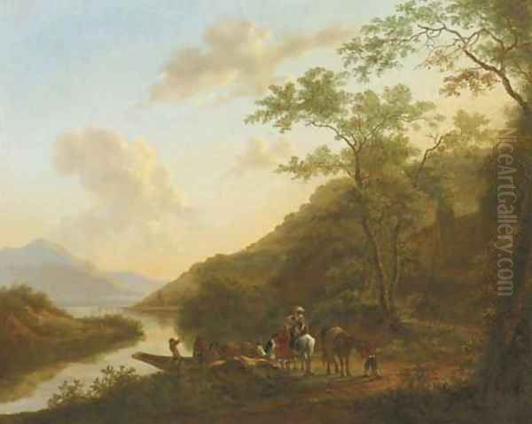 An Italianate river landscape with travellers by a ferry Oil Painting by Jan Both