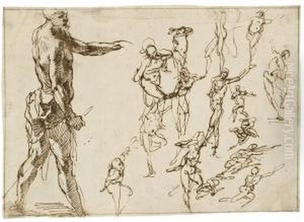 A Standing Man In Profile 
Holding A Spear, With Smaller, Rapidlystudied Nude Figures To The Right Oil Painting by Agostino Carracci