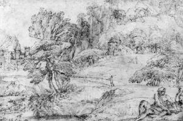 An Extensive Mountainous 
Landscape With Two Figures In Theforeground And A Castle By A River Oil Painting by Agostino Carracci