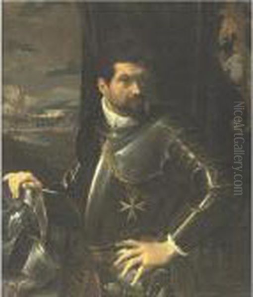 Portrait Of Carlo Alberto Rati 
Opizzoni In Armour, Three-quarter Length Standing, Wearing The Order Of 
The Knights Of Malta, A View Of The City Of Bologna Beyond Oil Painting by Lodovico Carracci
