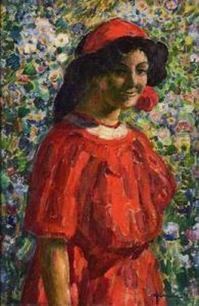 Jeune Fi Lle A La Robe Rouge. Circa 1910. Oil Painting by Augustin Carrera