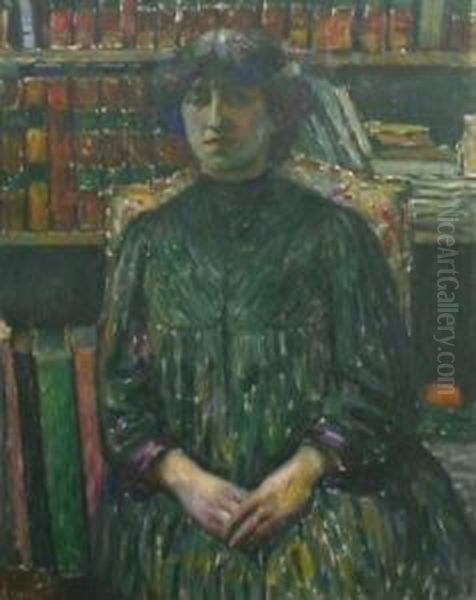 Portrait De Femme Dans Une Bibliotheque Oil Painting by Augustin Carrera