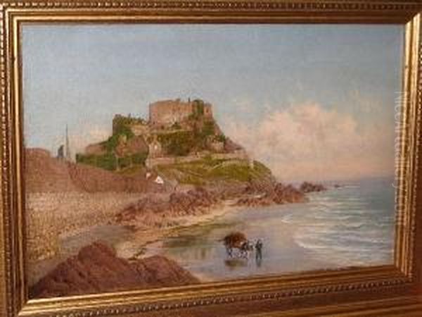 'mont Orgueil Castle, Jersey', A
 View Along The Beach Below The Castle, A Vraic Wagon To The Fore Oil Painting by John Mulcaster Carrick