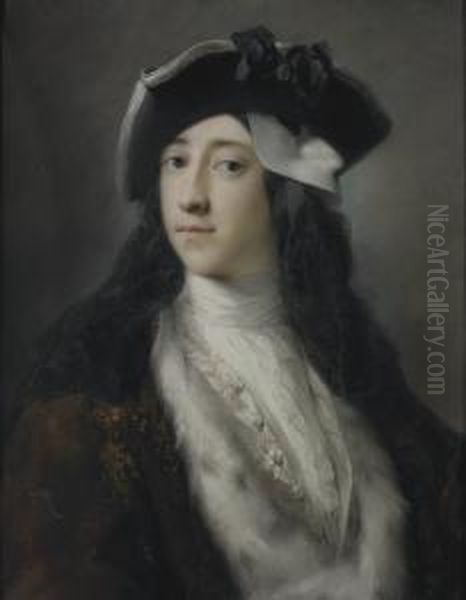 Portrait Of Gustavus Hamilton 
(1710-1746), 2nd Viscount Boyne, Longbust-length, Wearing An Ermine 
Trimmed Coat, Tricorn Hat Andmask Oil Painting by Rosalba Carriera