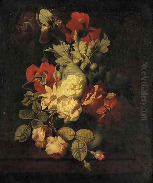 Roses and other flowers in a vase on a ledge Oil Painting by Elias van den Broeck