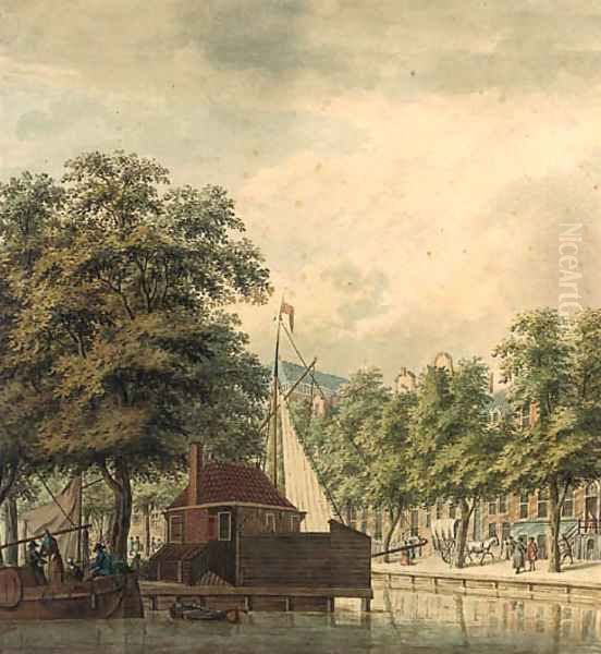 A view of a canal in a town (Amsterdam ) Oil Painting by Jan De Beijer