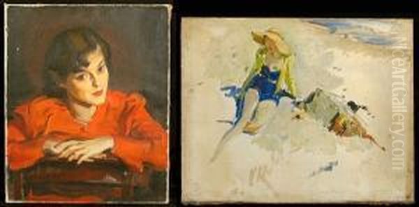 A Portrait Of A Woman In Red; A Study Of A Woman On The Beach (2) Oil Painting by Pruett Carter