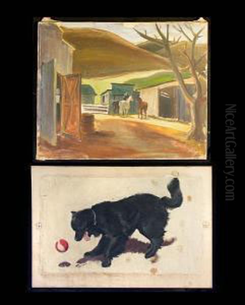 Three Horses By A Stable; A Black Dog With A Ball, 1942 (2) Oil Painting by Pruett Carter