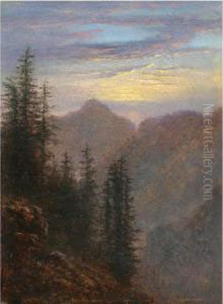 Abendliche Mittelgebirgslandschaft (mountain Landscape At Dusk) Oil Painting by Carl Gustav Carus