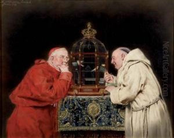 Cardenal Y Fraile Observando 
Unos Pajarillos En Una Jaula (a Cardinal And Monk Looking At A Birdcage) Oil Painting by Antonio Salvador Casanova Y Estorach