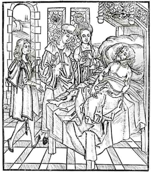 Surgeon and assistants visit a badly wounded man Oil Painting by Hieronymus Brunschwig