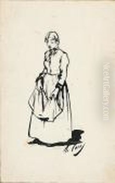 Una Joven Con Delantal. Dibujo A Tinta China Y Lapiz Plomo. Firmado. 21x13 Cm Oil Painting by Ramon Casas