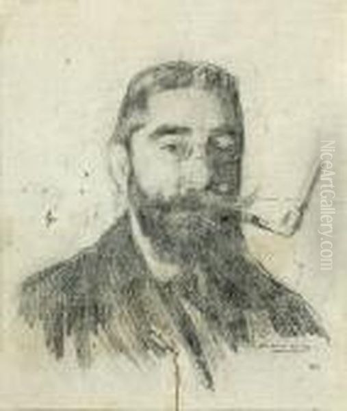 Autorretrato Con Pipa. Firmado. Dibujo A Lapiz Sobre Papel. 12x10 Cm Oil Painting by Ramon Casas